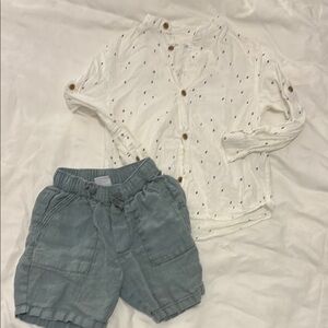 Zara White Polka Dot Shirt and Gray Green Shorts
